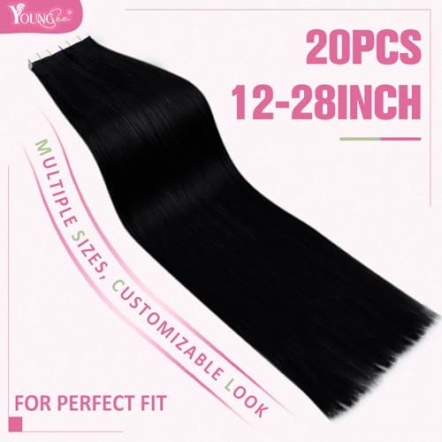 Image of YoungSee 28 Inch Tape in Hair Extensions Human Hair Black Tape in Extensions Real Human Hair Black Girl Tape ins Human Hair Extension for Long Hair 50g 20pcs