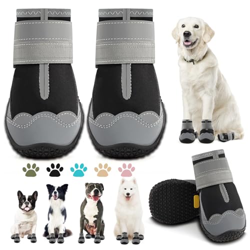 Dog Shoes for Large Dogs, Medium Dog Boots & Paw Protectors for Hardwood Floors, Outdoor Dog Booties for Hot Pavement Winter Snow Hiking, Waterproof Dog Shoes with Reflective Strips Size 7