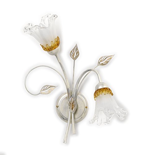 ONLI - applique da parete 2 luci in metallo bianco e argento con sfumature oro. Vetri a forma di calla. 2 x E14