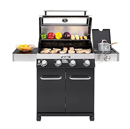 Monument-Grills-Larger-4-Burner-Propane-Gas-Grills-Black-Porcelain-Enamel-Coated-Cabinet-Style-with-LED-Controls-Clear-View-Lid-Side-Burner-Built-in-Thermometer-and-USB-Light