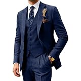 Vintage Men's 3 Piece Suit Herringbone Tweed Checkered Blazer Vest Pants Wool Tuxedos Wedding Grooms Tweed Jacket Navy Blue-S