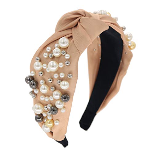 MHDGG Pearl Headbands for Women,Beaded Knot Headband White Yellow Faux Pearl Hairbands Wide Hairbands Hair Accessories for Women Girls,Champagne