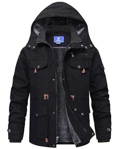 Image of Rapoo Men's Winter Jacket Cotton Work Military Jackets Fleece Lined Thick Warm Cargo Coats with Hooded