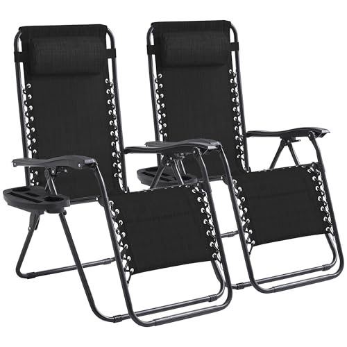 Foristrail Zero Gravity Chair Set of 2 Oversized Folding Recliner, Padded Anti Gravity Lounge Chair with Adjustable Pillow & Cup Holder for Outdoor Camping, Patio, Poolside, Lawn (Black)