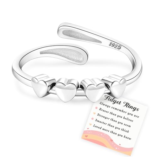 Senteria Anxiety Rings for Women 925 Sterling Silver Rings with Heart Adjustable Silver Stress Spinner Ring Thumb Fidget Ring for Anxiety Women
