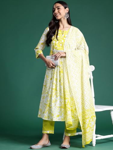 Image of INDO ERA Women Pure Cotton Printed A-Line Kurta Pant With Dupatta Set