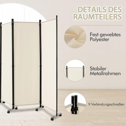 FANTASK 225 x 173cm Raumteiler auf Rollen, Paravent 4 teilig, Trennwand faltbar