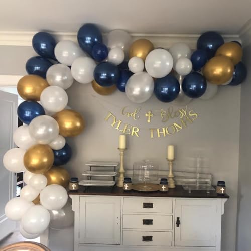 Image of Navy Blue and Gold Balloons, 60 Packs 12 inch Navy Blue and Metallic Chrome Gold Confetti Balloons with Ribbons for Birthday, Baby Shower, Graduation, Eid Ramadan Decoration