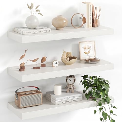 Image of Fun Memories 24 Inch Floating Shelves - 8 Inch Deep Rustic White Wooden Wall Shelves - Extra Deeper & Thicker Wall Mounted Storage Shelf for Bedroom, Kitchen, Farmhouse, White - Set of 3