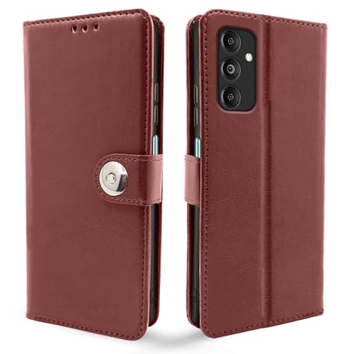 Image of Pikkme Flip Cover Leather Finish | Inside TPU with Card Pockets | Wallet Stand and Shock Proof | Complete Protection Button Flip Case for Samsung Galaxy M35 5G (Brown)