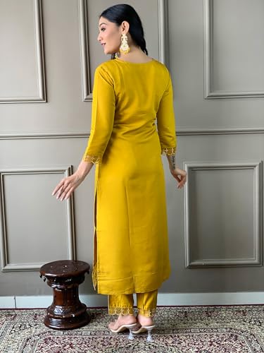 Image of Naixa Women's Mustard Chanderi with Cotton Lining Embroidered Straight Kurta with Chanderi Silk Pant and Crep Silk Printed Dupatta Sets (NX2-556)