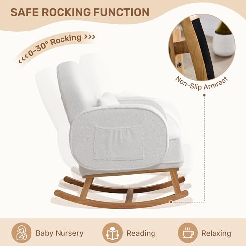 Image of Rocking Chair Nursery with Ottoman, Upholstered Glider Rocker with High Backrest and Side Pocket, Rocking Accent Armchair with Solid Wood Legs for Nursery /Living Room /Bedroom White