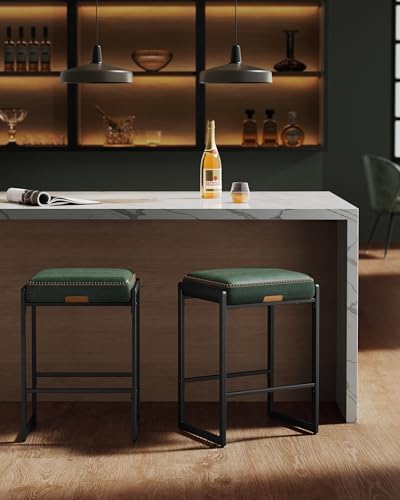 Image of VASAGLE EKHO Collection - Bar Stools Set of 4, Counter Height Bar Stools, Synthetic Leather with Stitching, Mid-Century Modern Counter Stools, 26-Inch Tall, Kichen Home Bar Dining Room, Forest Green