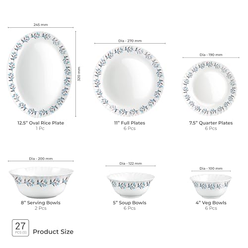 Image of Treo by Milton Opalware Aurelia Lavelle Dinner Set of 27 | Serving for 6 | Microwave & Dishwasher Safe | Bone-Ash Free | Tempered Toughness | Plates & Bowls | Crockery Set for Dining & Gifting