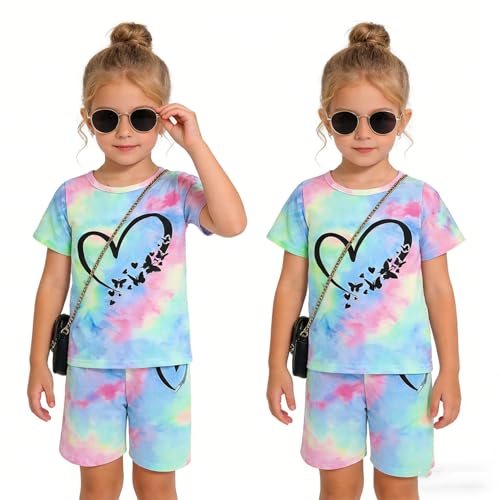 Image of Kids Girl Clothes Tie Dye Heart Print Short Sleeve Top and Shorts Toddler Girl Summer Outfits Short Set