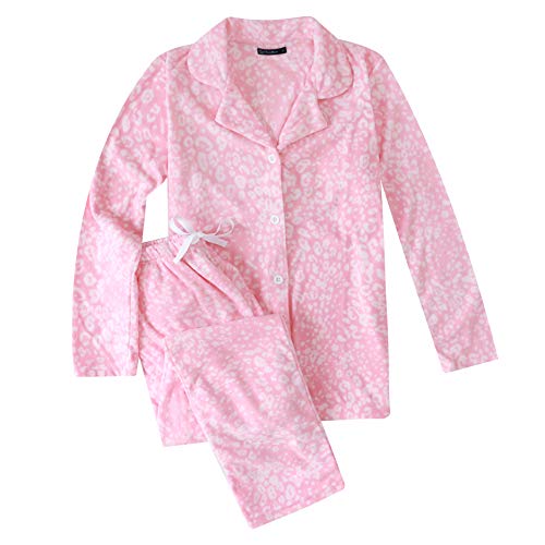 Twin Boat Womens Fleece Pajamas Set - Warm Winter PJs - Leopard Pink/White - Medium