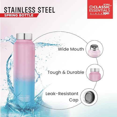Image of CLASSIC ESSENTIALS Spring Stainless Steel Water Bottle 1000 ml | Best Usage for Office /School /College /Gym / /Home /Fridge | Leak Proof, Eco-Friendly | (Pink Blue) (Set of 1)