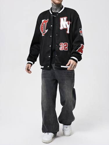 Image of SOLY HUX Men's Varsity Jacket Letter Graphic Long Sleeve Baseball Bomber Jacket with Pockets Black Letter Small