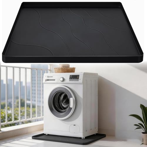 27×27×0.79inch Washing Machine Pan, With Raised Edge Washer Drip Tray, Drain Pan Silicone Mat, Foldable Portable Anti-Vibration Non-Slip Waterproof Pad, Textured Surface (Black)
