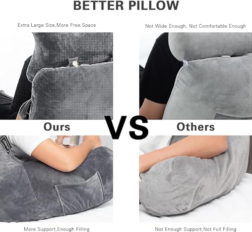 Reading Pillow Extra Large 31" Bed Rest Pillow with Detachable Neck Roll & Arms for Sitting in Bed or Couch-Backrest Reading Pillow Adult Back Pillows for Reading/Watching TV/Gaming/Relaxing-Dark Grey