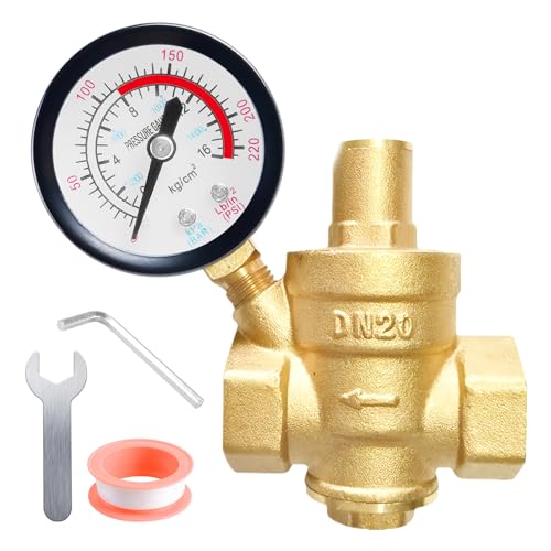 WIYETY DN20 Reductor de presión de agua: regulador de presión de agua de latón de 3/4 pulgadas con manómetro y herramientas de ajuste, regulador de presión de latón de 1,6 MPa, medidor de presión de