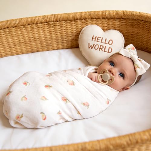 Image of LifeTree Baby Muslin Swaddle Blankets for Boys & Girls, Newborn Swaddle Set with Matching Headband Bow, Infant Blanket Wrap, 47 x 47 inches, Peach, 70% Viscose from Bamboo and 30% Cotton