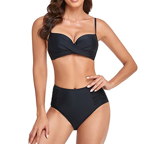 SS COLOR FISH Bikini-Sets für Frauen Zweiteiliger Hohe Taille Gerippter Push Up Badeanzug Sexy V-Ausschnitt Bandage Badeanzug, Schwarz 02, Large Cover