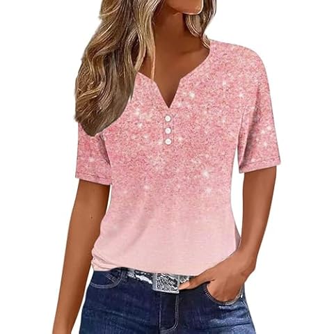 Ceboyel Women Floral Boho Summer Tops 2024 Short Sleeve Henley Shirts V Neck Blouses Tunic Trendy Fashion Vacation Clothes Tops for Women 2024 Pink L Cover