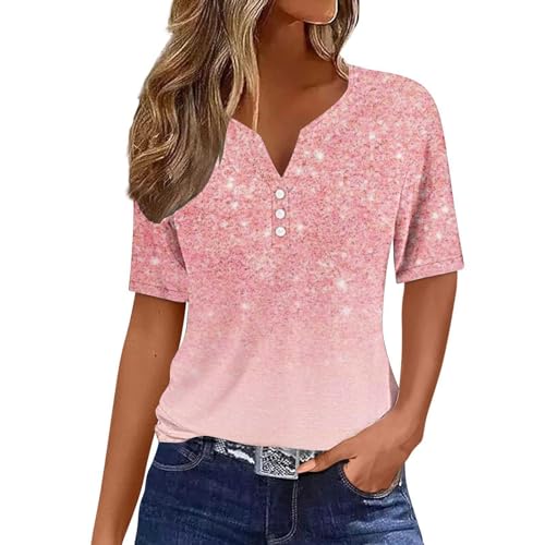 Camisetas Manga Corta Mujer Casual Casual Blusa de Cuello en V con Botones Suelto Colorido Estampados Camiseta Mujer Elegant Moda Camiseta Muticolor Blusas Primavera Verano 2024 Tops