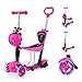 YOLEO 5-in-1 Kinder Roller Scooter mit Abnehmbarer Karikaturkorb Sitz Schubstange LED große Räder Bequeme Rückenlehne Höheverstellbare Lenker für Kleinkinder Jungen Mädchen ab 2 Jahre (Rosa)