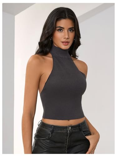 Image of MakeMeChic Women's Y2k Halter Mock Neck Top Going Out Sleeveless Backless Knit Top