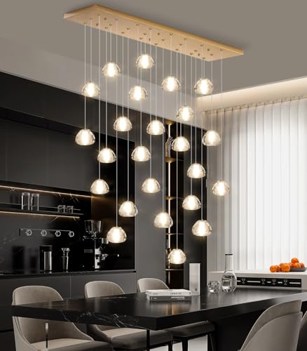 Image of 24-Lights Modern Crystal Rectangular Chandelier LED Raindrop Ceiling Pendant Light Crystal Lighting Fixture for Living Room Hotel Staircase Hallway Foyer Entryway Bedroom Gold