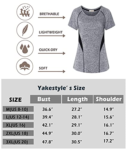 Yakestyle 3X Activewear Tops For Women, Lady Yoga Wear Plus Size Exercise Clothes Quick Dry Working Out Shirts Short Sleeve Sports Fitness Top Round Neck Training T Shirts, Light Grey 3Xl #TOP1