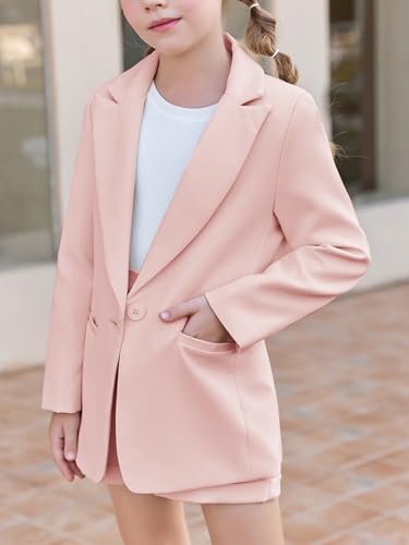 Image of Batermoon Girls 2 Piece Outfits Button Front Long Sleeve Blazer and Short Pants Suit Sets 4-14 Years
