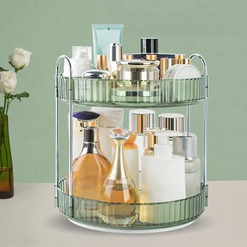 Image of JD FRESH 2 Tier Makeup Organizer 360 Rotating Cosmetic Storage Box Vanity Organizer Stand with Drawers for Lipstick Nail Polish Skincare Dressing Table Bathroom Organizer (Light Green)