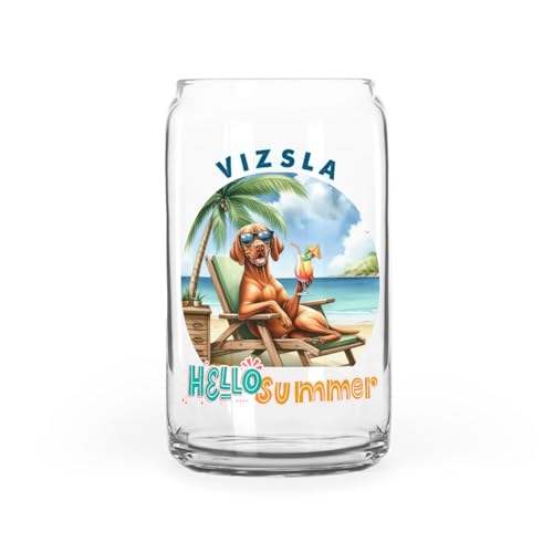 Personalized Custom Name Vizsla Hello Summer Beach Theme with Sunglasses and Tropical Cocktail Glass Cup Mug Vizslas Dog Lover Gifts Idea 16oz Glass Can - 009