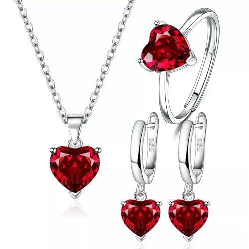 Juego de joyas de plata 925 con circonitas rojas de corazón elegantes