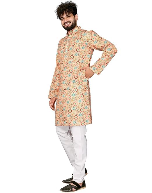 Image of LookMark Men's Cotton Blend Printed Long Kurta Suitable for All Indian Wedding, Occasions, and Festivals