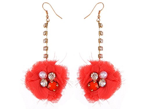 Alilang Crystal Element Gold Tone Floral Coral Pink Fuzzy Fabric Ball Rhinestone Dangle Earring #TOP14