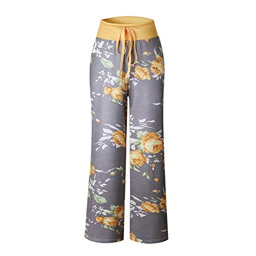 Ichunhua Women's Comfy Stretch Floral Print Drawstring Palazzo Wide Leg Lounge Pants(Xl,Yellow) #TOP3