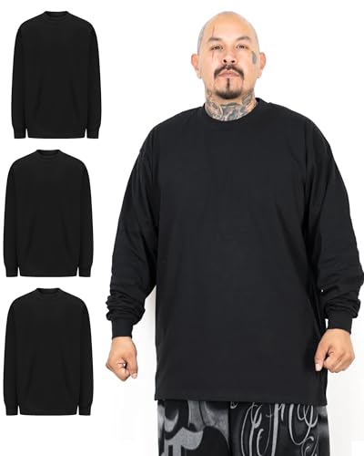 FB County Long Sleeve Heavy Hard T-Shirt - 3 Pack 100% Cotton Heavyweight Thick Long Sleeve Shirts for Men - True to Size Crew Neck Pullover Shirts for Men, Black, Large