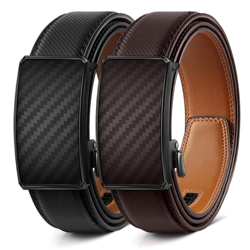 Image of BULLIANT Men Ratchet Belt 2 Pack, Click Sliding Leather Belt Adjustable for Gift Men Dress Casual Jeans 1 3 /8,Cut for Fit