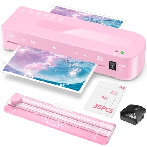 Plastificadora A4 Máquina Laminadora 5 en 1 con 30 Bolsas de Plastificación para A4/A5/A6, 60S Calentamiento Rápido, Plastificadora Frío Caliente con Cortador de Papel y Redondeador de Esquinas  Rosa