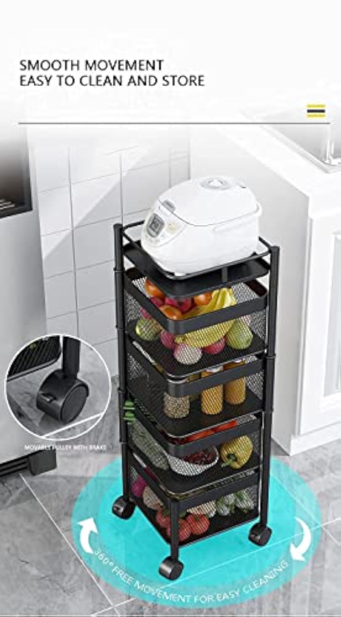 3 Layer Kitchen Rotating Trolley, Portable Storage Rack