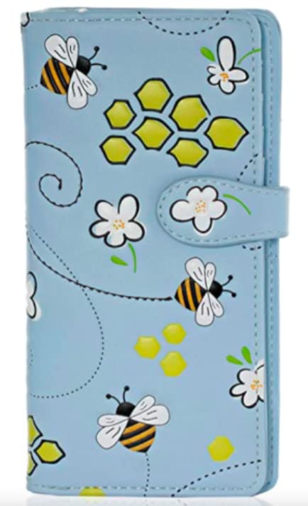Shag Wear Bumble Bee Honeycomb Large Wallet for Women and Teen Girls Vegan Faux Leather Blue 7"2