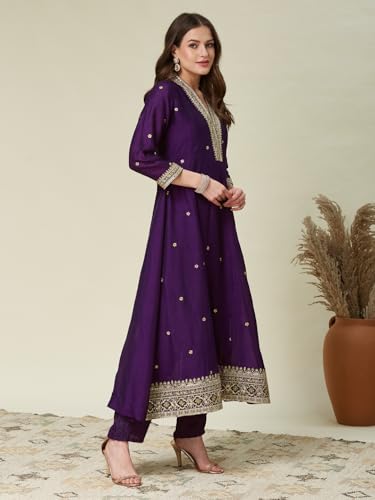 Image of MOKOSH Women's Silk Embroidery Anarkali Kurta Pant with Dupatta | Anarkali Kurta Set |Embroidered |V Neck Full Sleeve Ethnic Suit |3 Piece Outfit