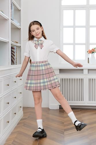 Image of Betusline Girls Skirt Set JK School Uniform 2-Piece Outfit - Short Sleeve Shirt with Bow & Pleated Skirt 4T-14Y