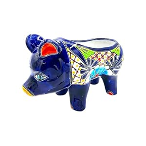 Cactus Canyon Ceramics PUERCUITO (Pig) Mexican Talavera Planter Pot (5″ D x 13″ W x 9″ H) Hand Painted – Dark Blue Trim – Mexican Decor Planter Piglet