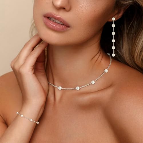 Pearl Necklaces for Women Trendy, 18K Gold/Silver Plated Layered Pearl Necklace Dainty Pearls Choker Necklace and Earring Set Simple Pearls Bracelets Wedding Prom Gold Jewelry for Women Gifts3