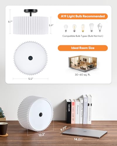 Image of VONLUCE Semi-Flush Mount Ceiling Light 12.2 inch, 2-Light Drum Light Fixture | White Pleated Shade with E26 Sockets, Light Fixture for Nursery, Bedroom, Entryway, Hallway, Black Finish, ETL Certified